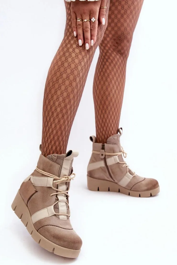 Damskie Maciejka Skórzane Botki Na Koturnie 06185-22 Jasnobeżowe