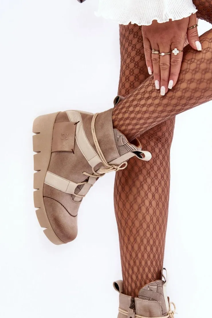 Damskie Maciejka Skórzane Botki Na Koturnie 06185-22 Jasnobeżowe