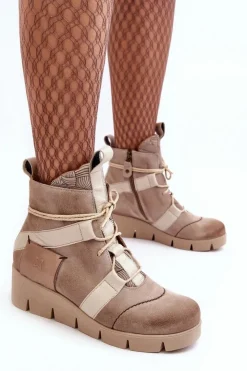 Damskie Maciejka Skórzane Botki Na Koturnie 06185-22 Jasnobeżowe