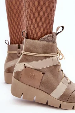 Damskie Maciejka Skórzane Botki Na Koturnie 06185-22 Jasnobeżowe