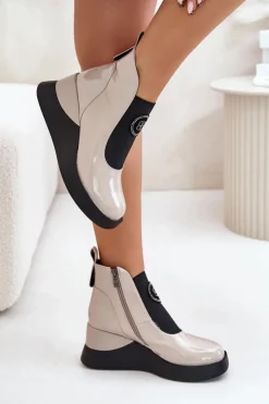 Damskie Damskie buty S.Barski Skórzane Botki Na Koturnie D&A MR880-137 Beżowe