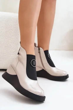 Damskie Damskie buty S.Barski Skórzane Botki Na Koturnie D&A MR880-137 Beżowe