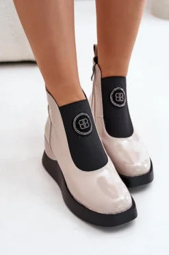 Damskie Damskie buty S.Barski Skórzane Botki Na Koturnie D&A MR880-137 Beżowe