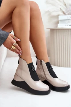 Damskie Damskie buty S.Barski Skórzane Botki Na Koturnie D&A MR880-137 Beżowe