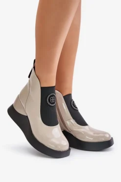 Damskie Damskie buty S.Barski Skórzane Botki Na Koturnie D&A MR880-137 Beżowe