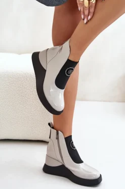 Damskie buty S.Barski Brązowe I Beżowe Botki|Botki Na Koturnie*Skórzane Botki Na Koturnie D&A MR880-137 Jasnoszare