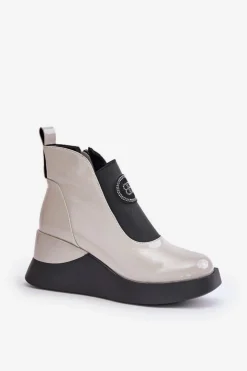 Damskie buty S.Barski Brązowe I Beżowe Botki|Botki Na Koturnie*Skórzane Botki Na Koturnie D&A MR880-137 Jasnoszare