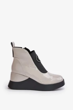 Damskie buty S.Barski Brązowe I Beżowe Botki|Botki Na Koturnie*Skórzane Botki Na Koturnie D&A MR880-137 Jasnoszare