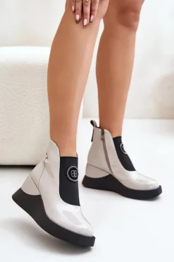 Damskie buty S.Barski Brązowe I Beżowe Botki|Botki Na Koturnie*Skórzane Botki Na Koturnie D&A MR880-137 Jasnoszare