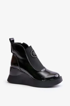 Online Damskie buty S.Barski Skórzane Botki Na Koturnie D&A MR880-137 Czarne