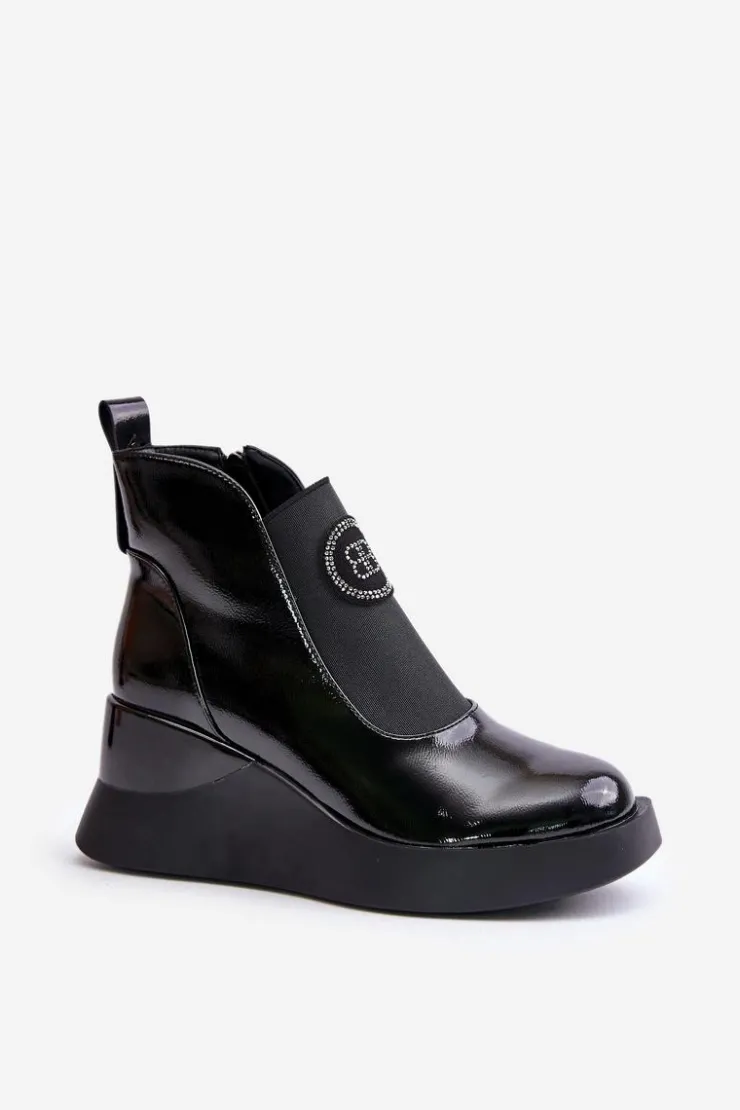 Online Damskie buty S.Barski Skórzane Botki Na Koturnie D&A MR880-137 Czarne