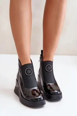 Online Damskie buty S.Barski Skórzane Botki Na Koturnie D&A MR880-137 Czarne