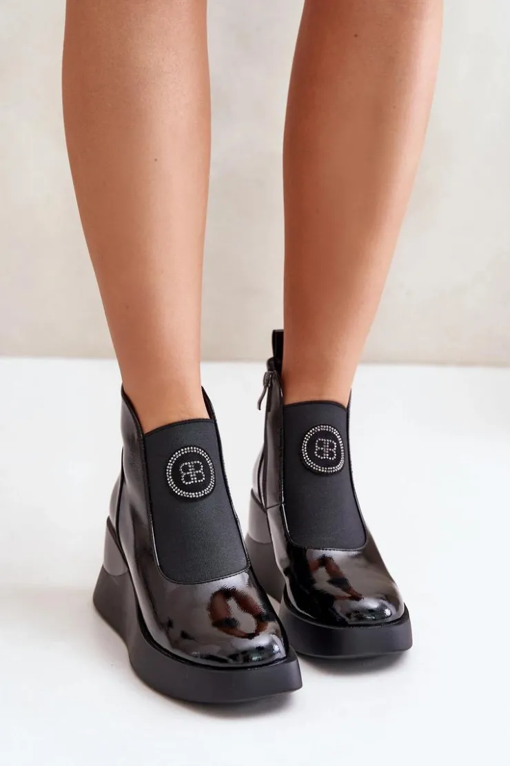 Online Damskie buty S.Barski Skórzane Botki Na Koturnie D&A MR880-137 Czarne