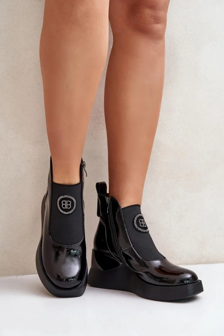 Online Damskie buty S.Barski Skórzane Botki Na Koturnie D&A MR880-137 Czarne