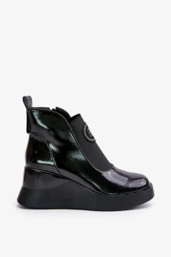 Online Damskie buty S.Barski Skórzane Botki Na Koturnie D&A MR880-137 Czarne