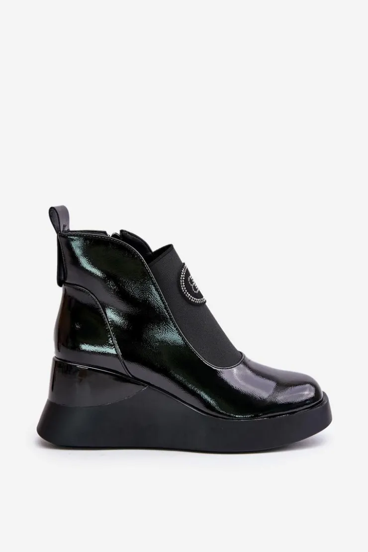 Online Damskie buty S.Barski Skórzane Botki Na Koturnie D&A MR880-137 Czarne