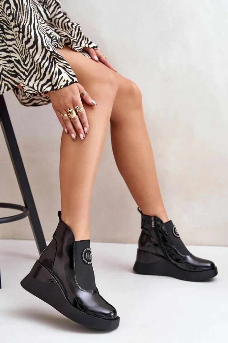 Online Damskie buty S.Barski Skórzane Botki Na Koturnie D&A MR880-137 Czarne