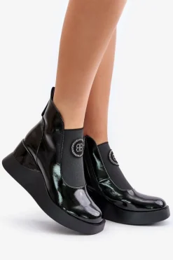 Online Damskie buty S.Barski Skórzane Botki Na Koturnie D&A MR880-137 Czarne