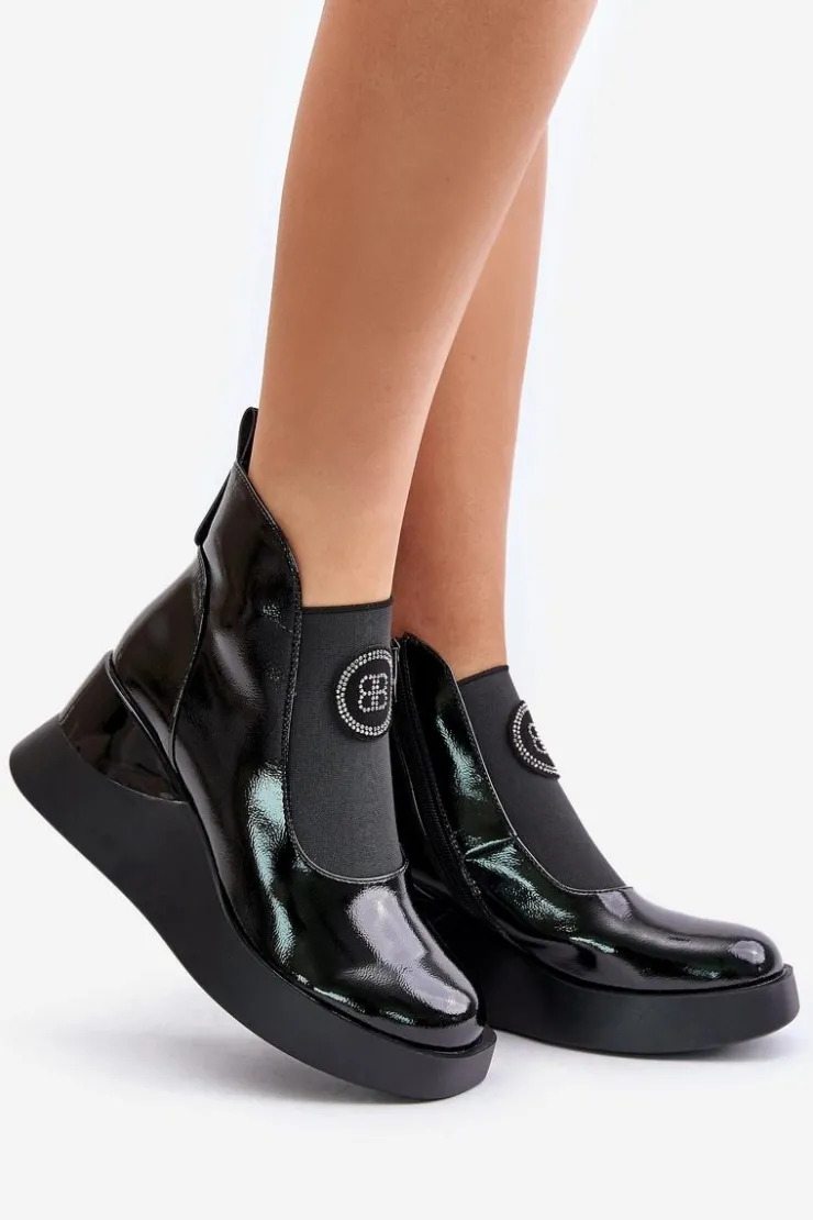 Online Damskie buty S.Barski Skórzane Botki Na Koturnie D&A MR880-137 Czarne