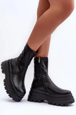 Damskie Boto Skórzane Botki Na Masywnej Platformie Czarne Luinai