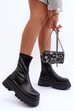 Damskie Boto Skórzane Botki Na Masywnej Platformie Czarne Luinai