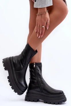 Damskie Boto Skórzane Botki Na Masywnej Platformie Czarne Luinai