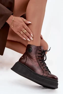 Damskie Maciejka Skórzane Botki Na Masywnej Platformie 06309-32 Metaliczny Brąz