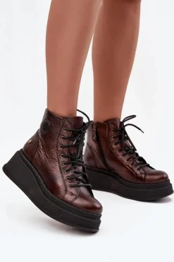 Damskie Maciejka Skórzane Botki Na Masywnej Platformie 06309-32 Metaliczny Brąz