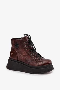 Damskie Maciejka Skórzane Botki Na Masywnej Platformie 06309-32 Metaliczny Brąz