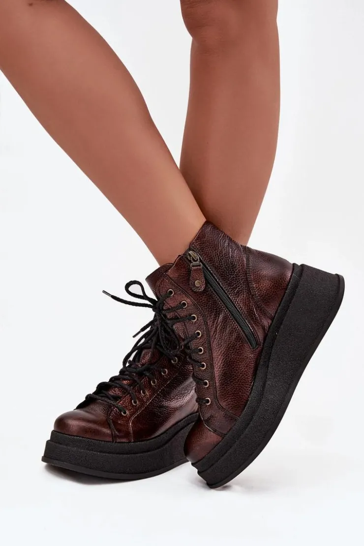 Damskie Maciejka Skórzane Botki Na Masywnej Platformie 06309-32 Metaliczny Brąz