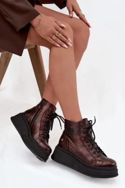 Damskie Maciejka Skórzane Botki Na Masywnej Platformie 06309-32 Metaliczny Brąz