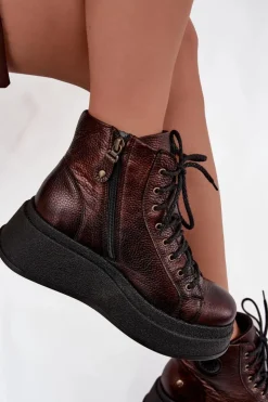 Damskie Maciejka Skórzane Botki Na Masywnej Platformie 06309-32 Metaliczny Brąz