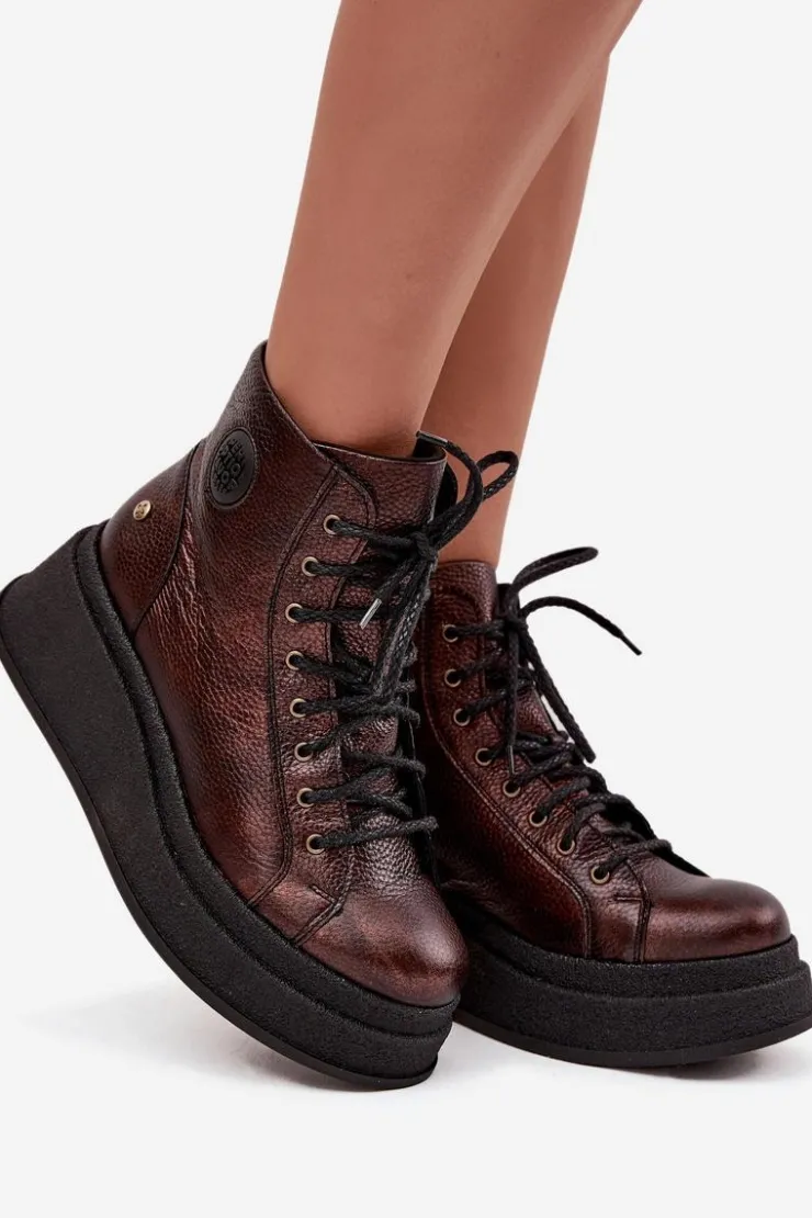 Damskie Maciejka Skórzane Botki Na Masywnej Platformie 06309-32 Metaliczny Brąz