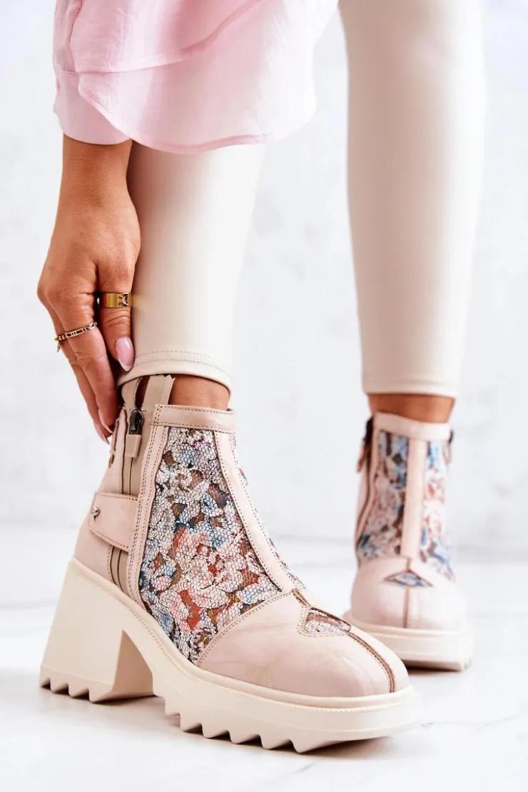 Best Maciejka Skórzane Botki Na Masywnym Słupku Beżowe 05325-04