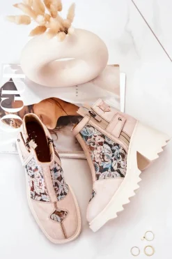 Best Maciejka Skórzane Botki Na Masywnym Słupku Beżowe 05325-04