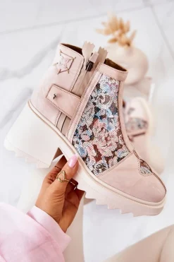 Best Maciejka Skórzane Botki Na Masywnym Słupku Beżowe 05325-04