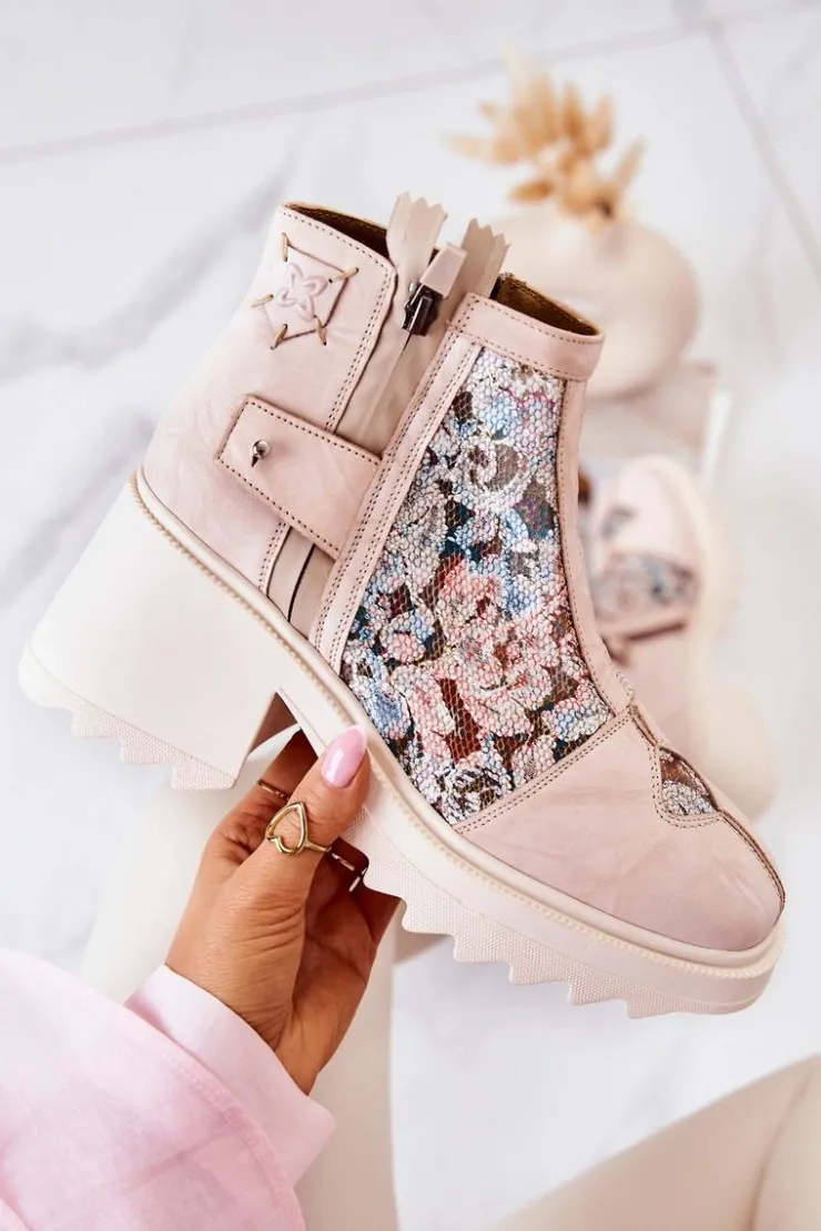 Best Maciejka Skórzane Botki Na Masywnym Słupku Beżowe 05325-04