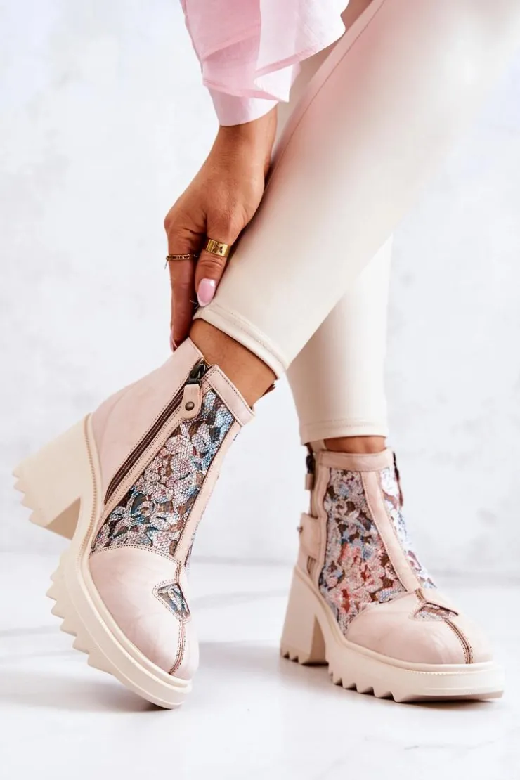 Best Maciejka Skórzane Botki Na Masywnym Słupku Beżowe 05325-04