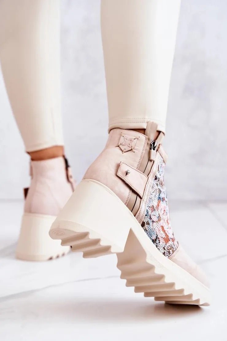 Best Maciejka Skórzane Botki Na Masywnym Słupku Beżowe 05325-04