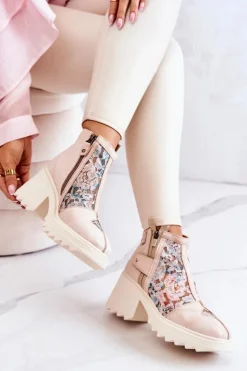 Best Maciejka Skórzane Botki Na Masywnym Słupku Beżowe 05325-04