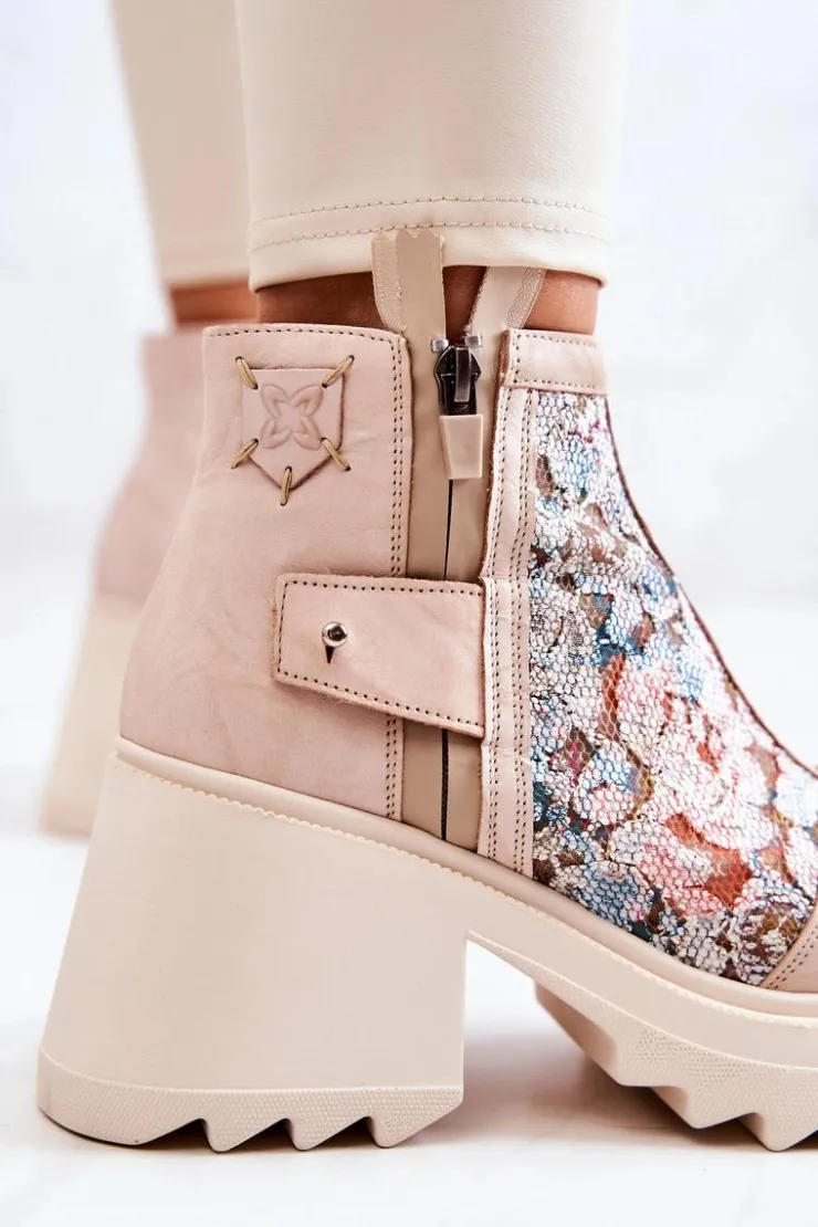 Best Maciejka Skórzane Botki Na Masywnym Słupku Beżowe 05325-04