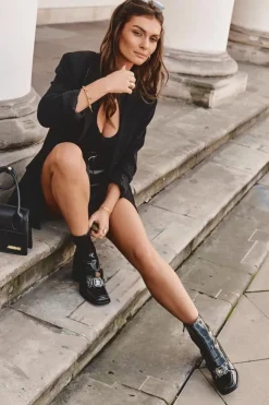 Damskie buty S.Barski Botki Zimowe Damskie|Botki Na Obcasie*Skórzane Botki Na Masywnym Obcasie Z Ozdobą S.Barski MR870-99 Czarne