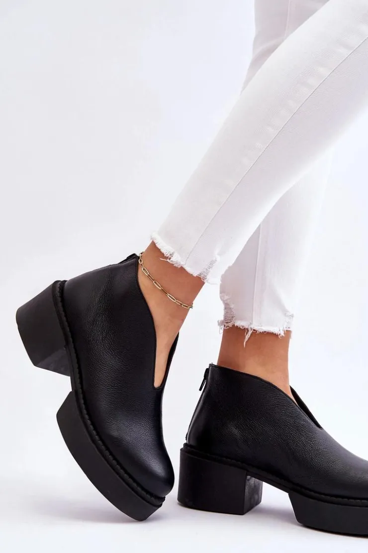 Boto Botki Wiosenne|Botki Na Słupku*Skórzane Botki Na Masywnym Obcasie Nicole 2795/056 Czarne