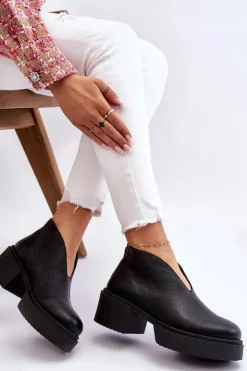 Boto Botki Wiosenne|Botki Na Słupku*Skórzane Botki Na Masywnym Obcasie Nicole 2795/056 Czarne