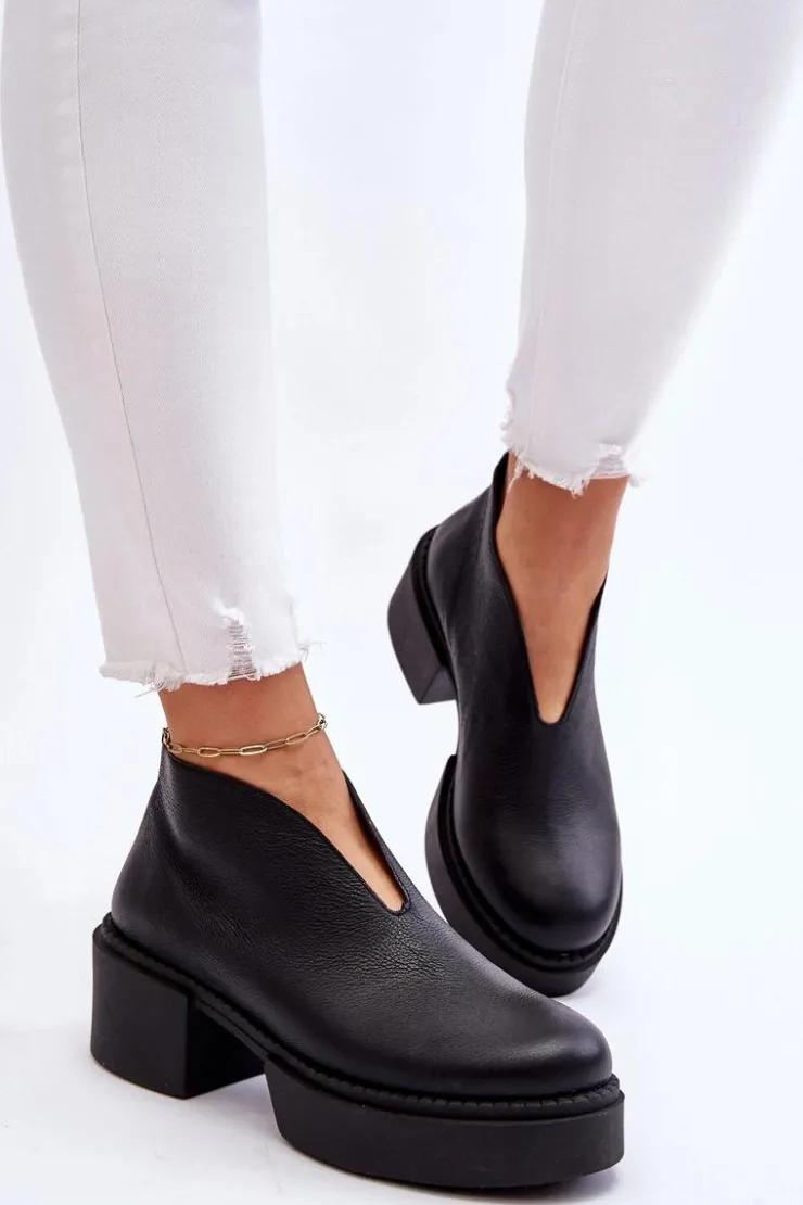 Boto Botki Wiosenne|Botki Na Słupku*Skórzane Botki Na Masywnym Obcasie Nicole 2795/056 Czarne