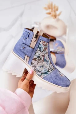 Maciejka Botki Wiosenne|Botki Maciejka*Skórzane Botki Na Masywnym Słupku Niebieskie 05325-06