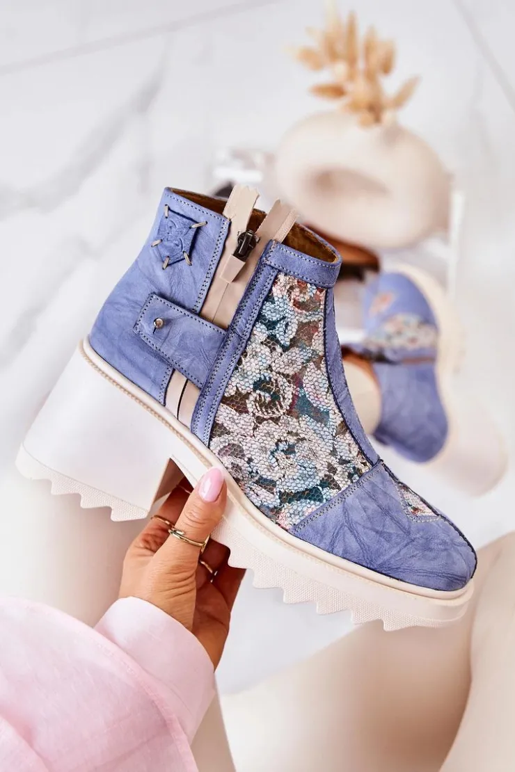 Maciejka Botki Wiosenne|Botki Maciejka*Skórzane Botki Na Masywnym Słupku Niebieskie 05325-06