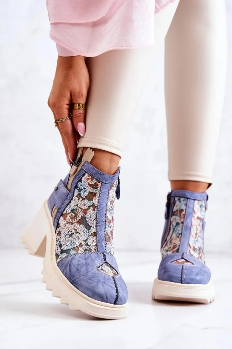 Maciejka Botki Wiosenne|Botki Maciejka*Skórzane Botki Na Masywnym Słupku Niebieskie 05325-06