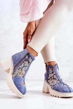 Maciejka Botki Wiosenne|Botki Maciejka*Skórzane Botki Na Masywnym Słupku Niebieskie 05325-06