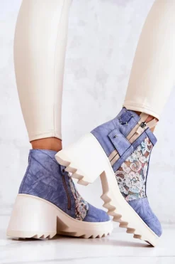 Maciejka Botki Wiosenne|Botki Maciejka*Skórzane Botki Na Masywnym Słupku Niebieskie 05325-06